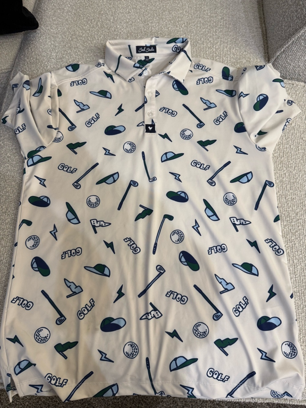 Bad Birdie White Polo with Navy & Green Golf Icons